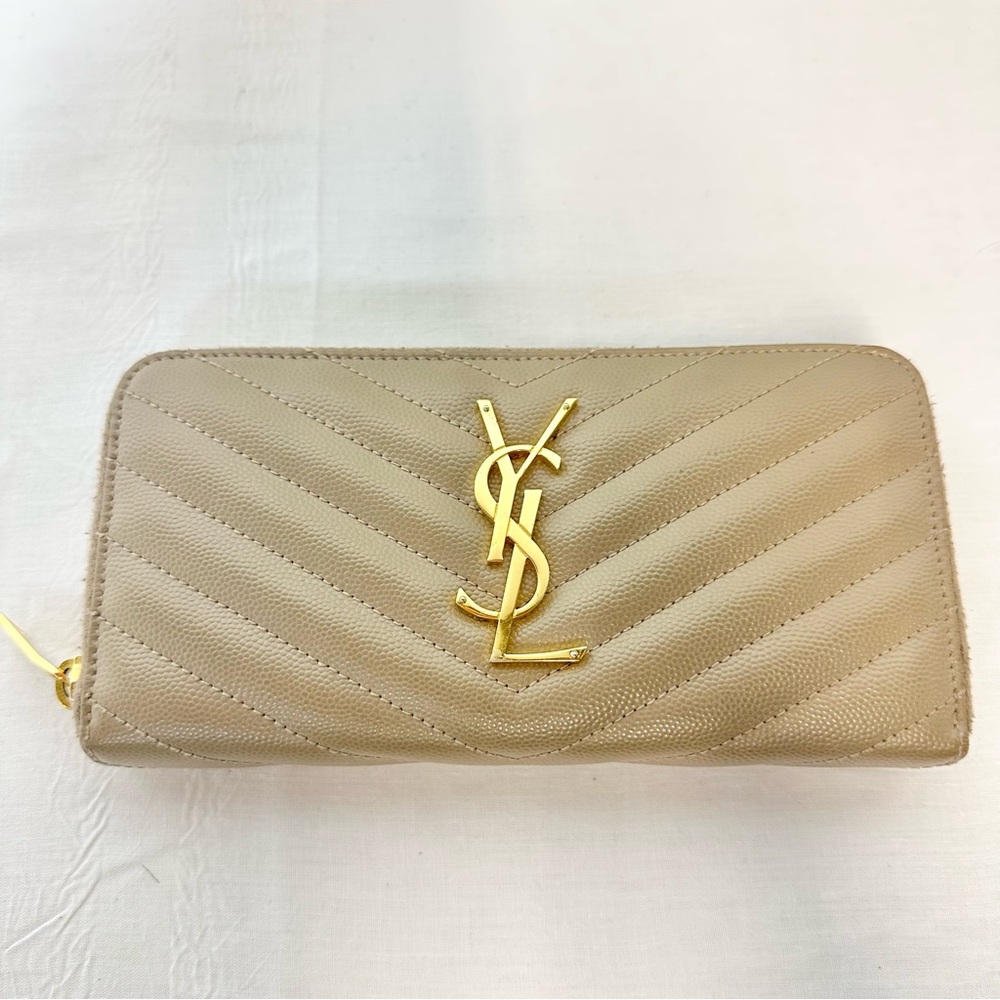 Yves Saint Laurent Taupe Quilted Long Zip Wallet with Gold Logo